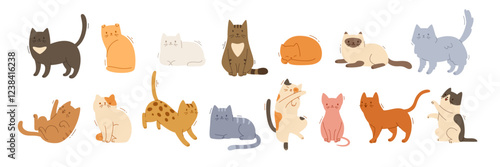 Cute different domestic cat set. Vector flat pets poses collection. Cat breeds big bundle.