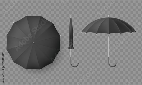 Black umbrella mockups. Top and side views. Isolated on transparent background. Vector template