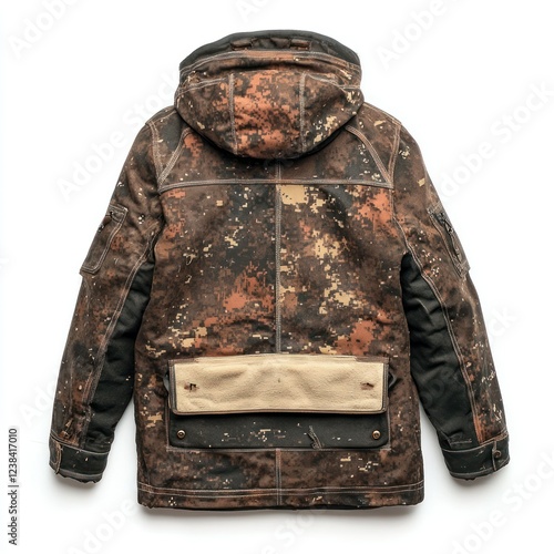 Camouflage Winter Hooded Jacket Back men isolated nt transparent background photo