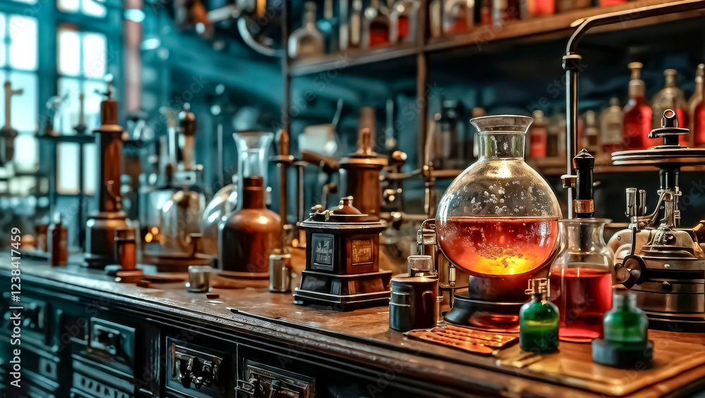 Old science lab with chemical reagents and burner Old science lab with chemical reagents and burner