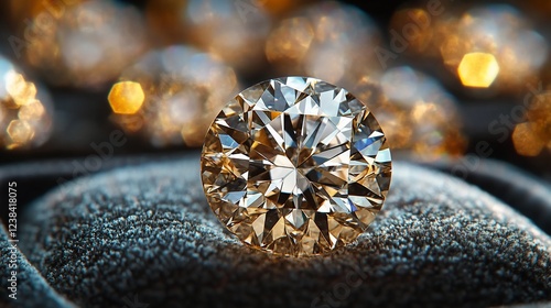 Close-up of a single, brilliant-cut champagne diamond resting in a velvet-lined jewelry box, surrounded by blurred, sparkling diamonds.