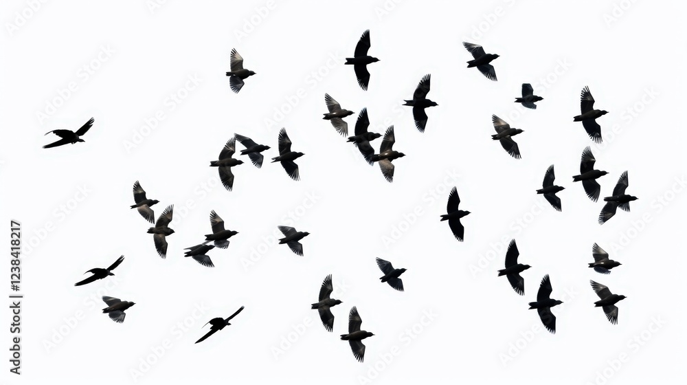 Flock of Birds in Flight Against a Light Background, Capturing the Essence of Freedom and Natural Beauty in Motion Flock of Birds in Flight Against a Light Background, Capturing the Essence of Freedom and Natural Beauty in Motion