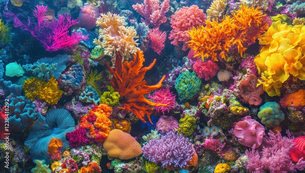 Fototapeta premium Vibrant Underwater Coral Reef Ecosystem: A Kaleidoscope of Colors and Marine Life