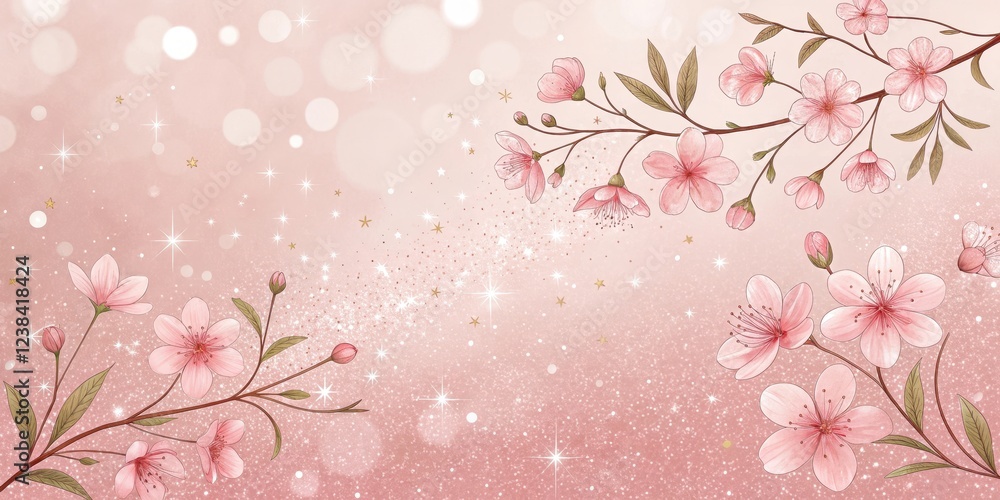 Enchanted Pink Blossom Branches with Glittering Stardust Background Enchanted Pink Blossom Branches with Glittering Stardust Background