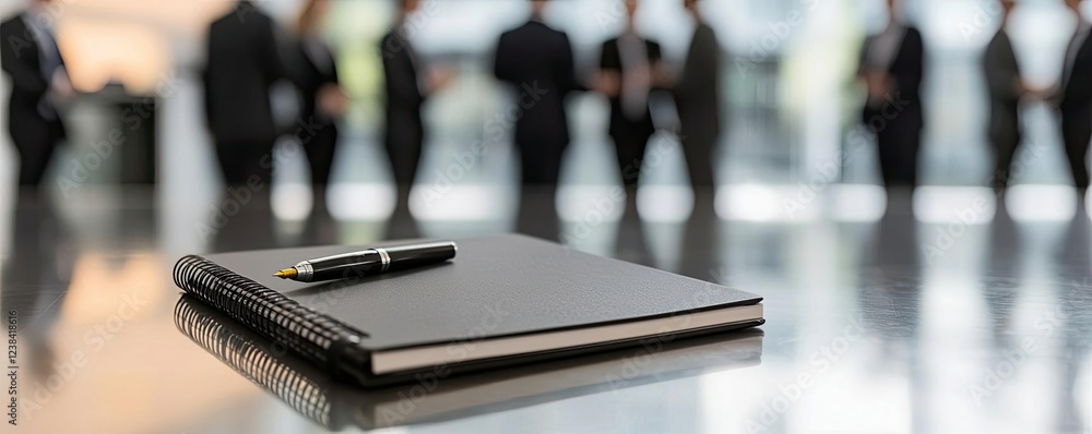 Networking event idea. A notebook and pen on a table with business professionals in the background. Networking event idea. A notebook and pen on a table with business professionals in the background.
