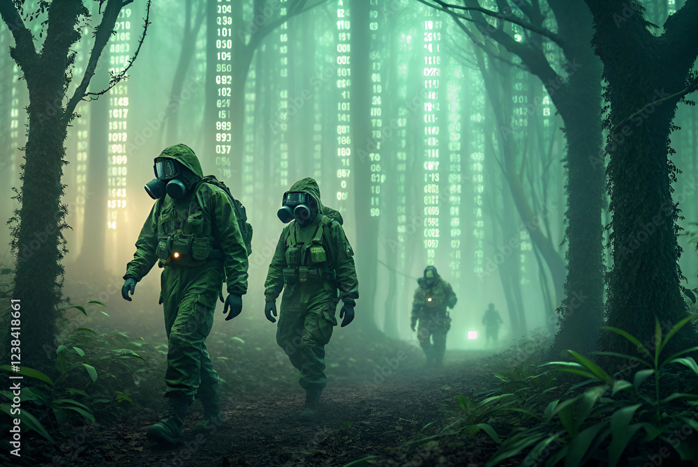 A mysterious forest scene with figures in gas masks exploring amidst glowing flora and ethereal lighting.