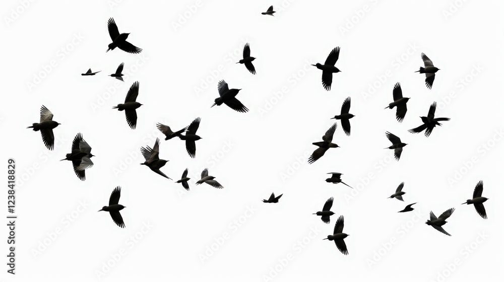 Flock of Birds Flying in Formation Against a Light Background Captured in a Natural Setting Flock of Birds Flying in Formation Against a Light Background Captured in a Natural Setting