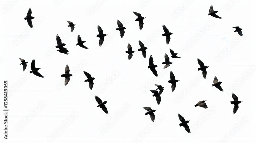 Flock of Birds Flying in Formation Against a Clear White Sky, Captured in Motion to Portray Freedom and Natural Elegance Flock of Birds Flying in Formation Against a Clear White Sky, Captured in Motion to Portray Freedom and Natural Elegance