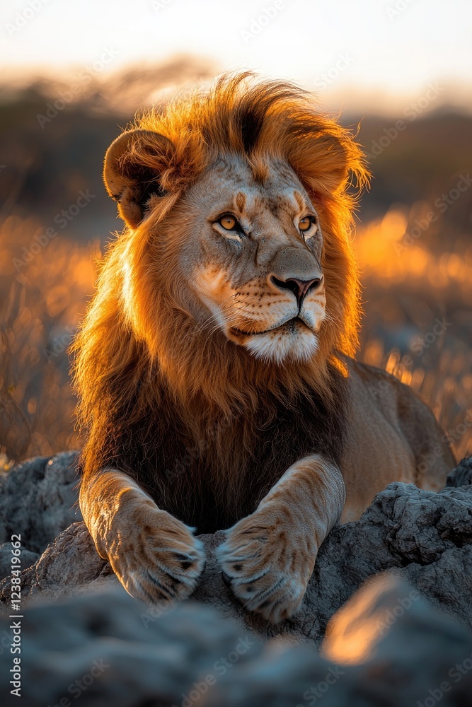 Obraz premium Majestic African Lion at Golden Hour Sunset