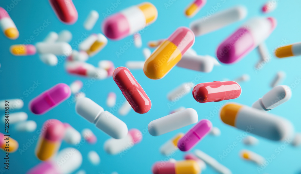 A flurry of colorful pills in various shapes and sizes appears to fly against a bright blue backdrop. This striking scene captures the energy and vibrancy of the capsules A flurry of colorful pills in various shapes and sizes appears to fly against a bright blue backdrop. This striking scene captures the energy and vibrancy of the capsules