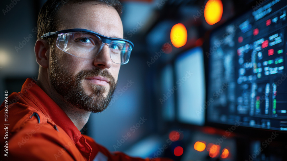 Oil rig worker monitoring real time drilling data with focus and precision Oil rig worker monitoring real time drilling data with focus and precision