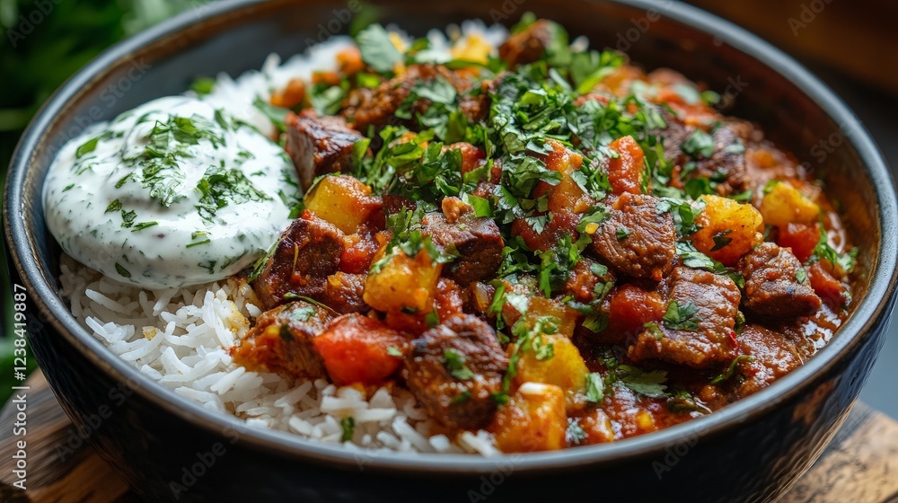 Tender pieces of meat are mixed with seasoned rice and fresh vegetables, topped with a dollop of creamy sauce and herbs, creating a comforting dish in a rustic kitchen setting Tender pieces of meat are mixed with seasoned rice and fresh vegetables, topped with a dollop of creamy sauce and herbs, creating a comforting dish in a rustic kitchen setting