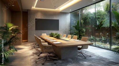 contemporary meeting room interior, minimalist design aesthetic, wooden conference table, grey stone central runner, ergonomic beige chairs, large blank display screen, floor to ceiling windows, photo