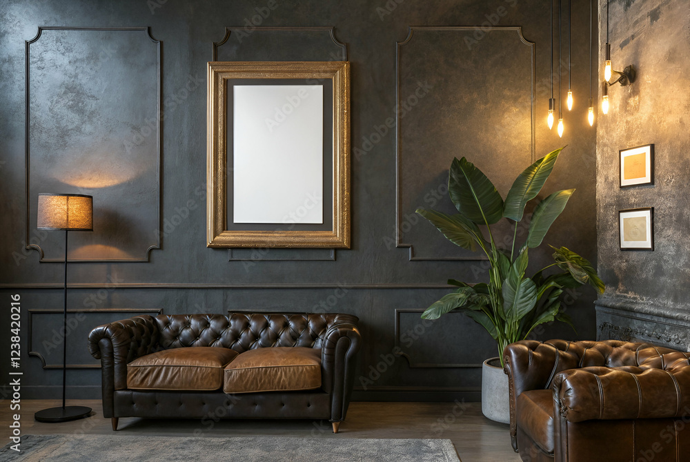 A stylish interior featuring a dark wall, a vintage mirror, leather furniture, a floor lamp, and a decorative plant, creating an elegant, cozy atmosphere. A stylish interior featuring a dark wall, a vintage mirror, leather furniture, a floor lamp, and a decorative plant, creating an elegant, cozy atmosphere.