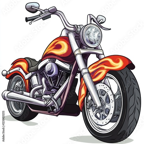 Orange flame-painted chopper motorcycle illustration.