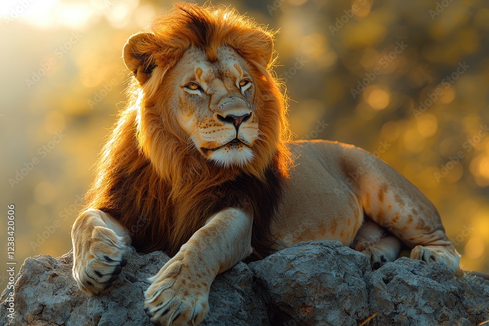 Obraz premium Majestic African Lion Resting on Rocks at Sunset