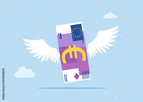 Euro banknote flying with white wings like a bird. Concept of investment, wealth, spending, inflation and loss of savings. Flat vector illustration