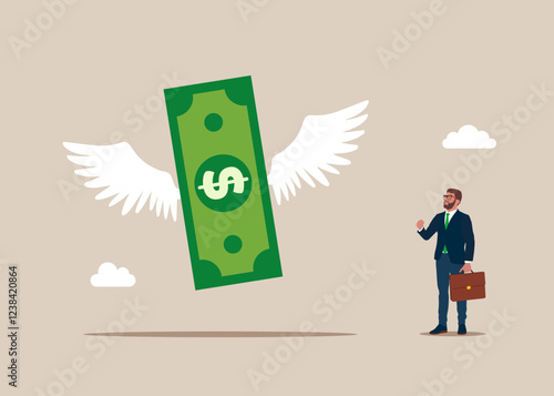Dollar bill flying with white wings like a bird. Concept of investment, wealth, spending, inflation and loss of savings. Flat vector illustration