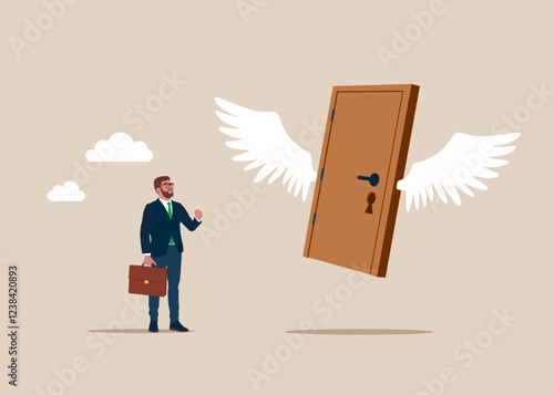 Businessman looking on wooden door with wings flying in the sky. For entrance, home, exit, challenge, opportunity concept. Modern vector illustration in flat style