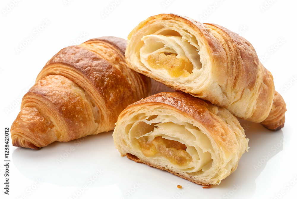 Flaky, golden-brown croissants are stacked, showcasing their buttery layers and a delicious fruit filling inside one. Flaky, golden-brown croissants are stacked, showcasing their buttery layers and a delicious fruit filling inside one.