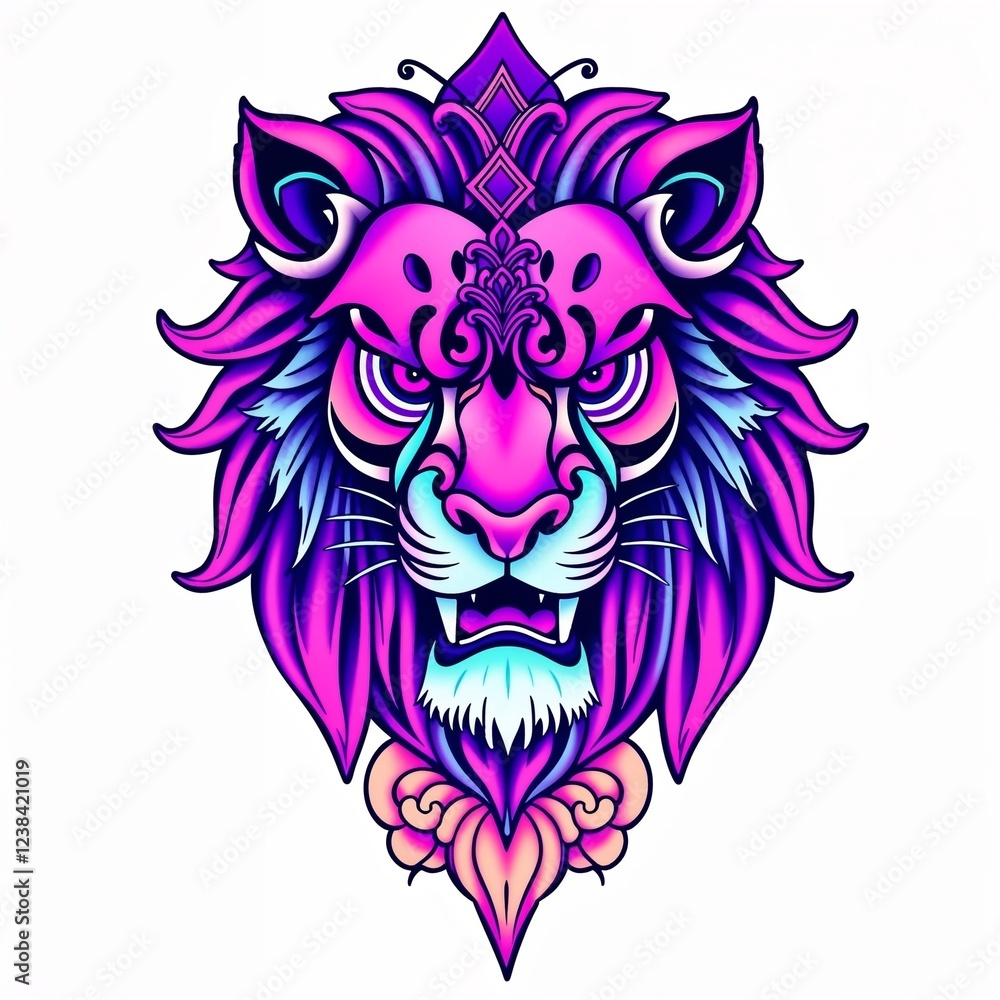 Obraz premium Traditional tattoo-style lion in ultraviolet hues with intricate details on a white background 