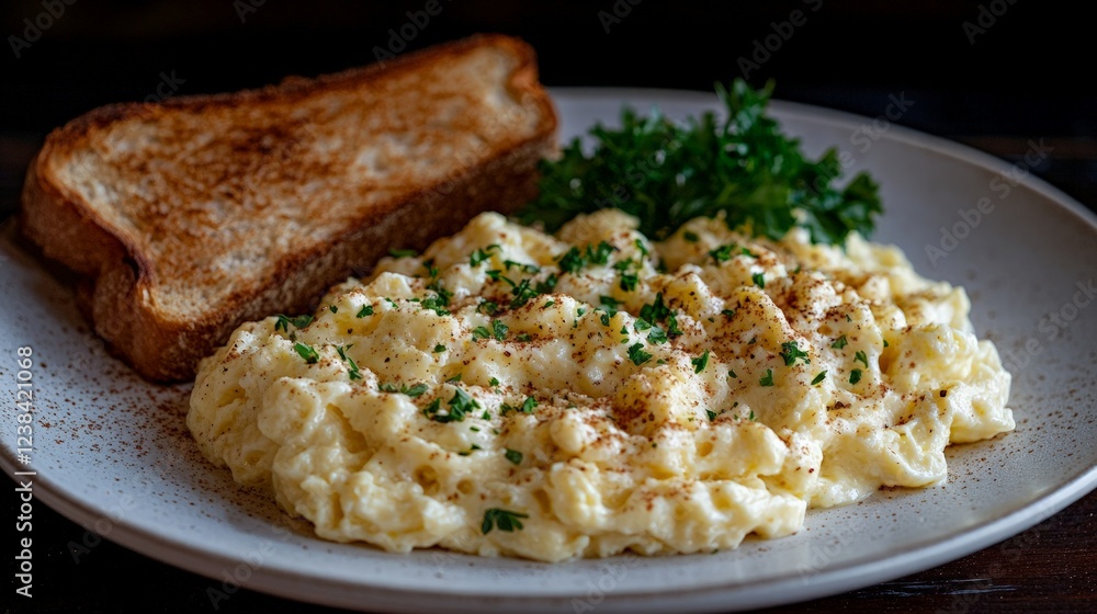 A plate of creamy scrambled eggs served with a side of toasted bread and fresh parsley, placed on a white ceramic plate. A plate of creamy scrambled eggs served with a side of toasted bread and fresh parsley, placed on a white ceramic plate.