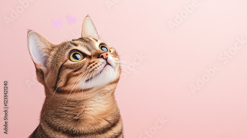 Enchanted Cat Looking Upward in Pink Background photo