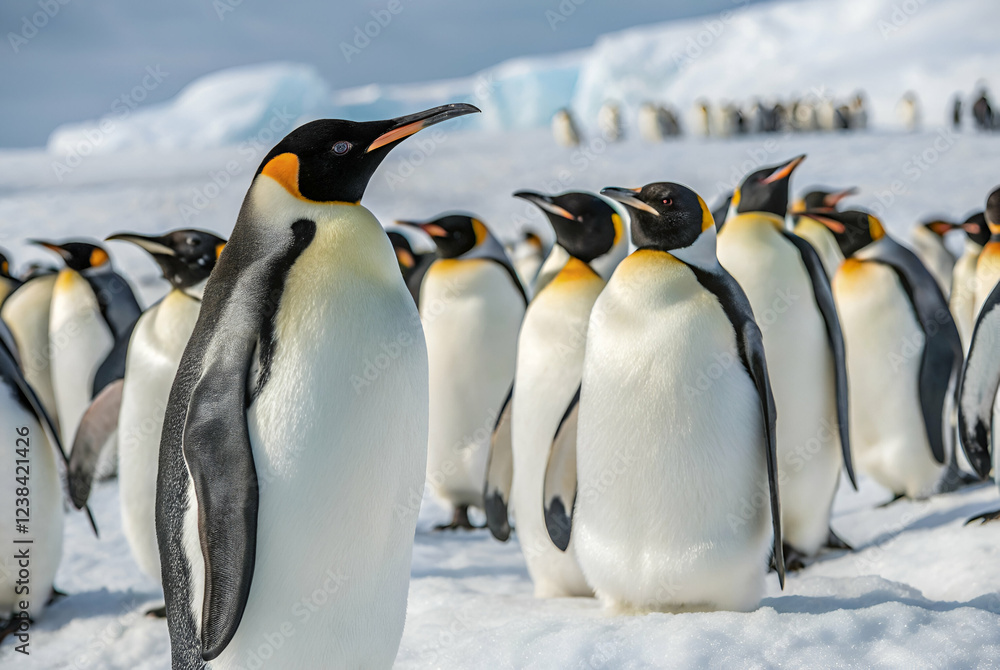 Obraz premium A group of Emperor penguins stands together on a snowy landscape, showcasing their distinctive black and white plumage against a cold backdrop.