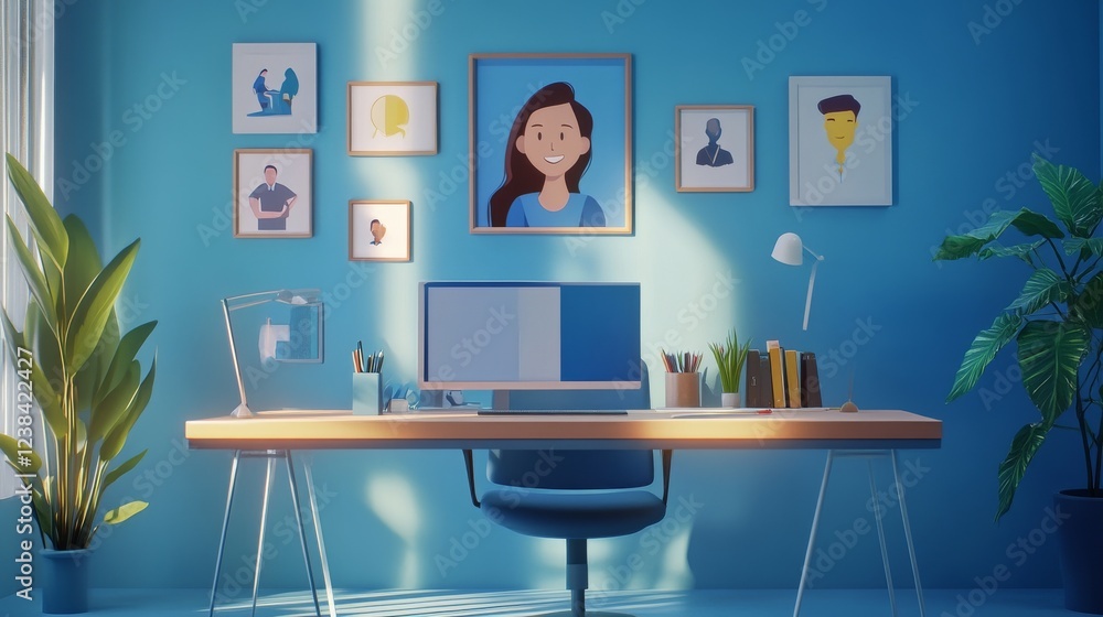 Fototapeta premium digital workplace composition, video chat interface, diverse animated portraits, minimalist desk styling, decorative elements, professional casual design, 3d rendering style, subtle shadows, modern