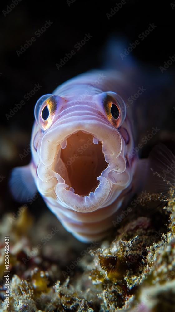Obraz premium HD Phone Wallpaper Underwater Close up of a Vibrant Purple Reef Fish with Open Mouth showcasing detailed texture and