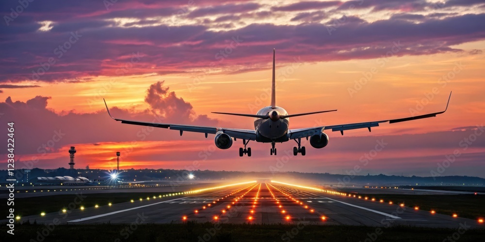 Airplane landing on runway at sunset with vibrant sky Airplane landing on runway at sunset with vibrant sky