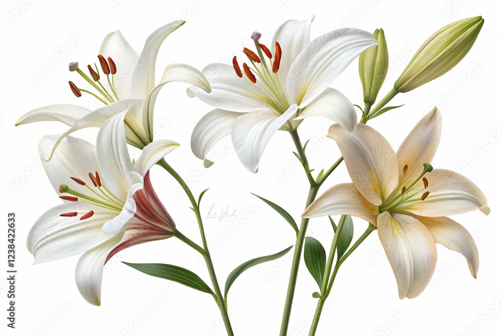 A beautiful arrangement of white lilies with delicate petals, showcasing their elegant shapes and vibrant colors against a clean background. A beautiful arrangement of white lilies with delicate petals, showcasing their elegant shapes and vibrant colors against a clean background.