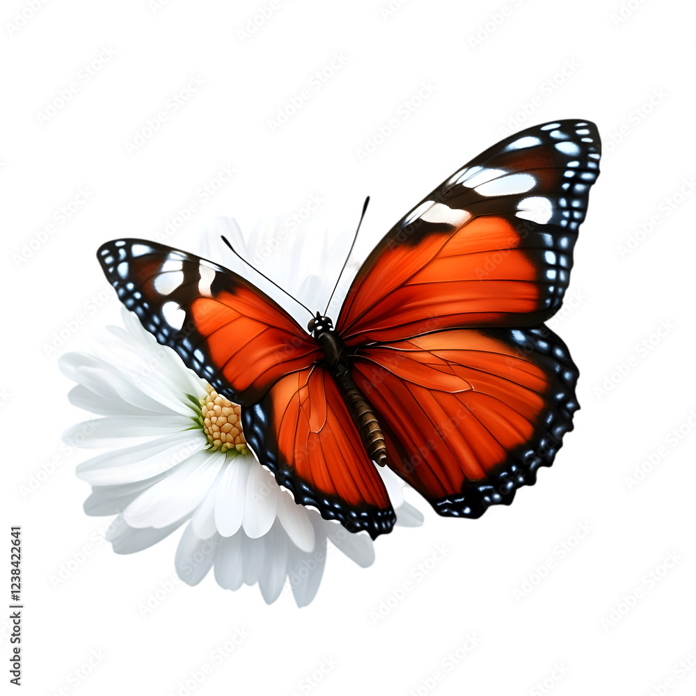 A colorful butterfly with intricate wing patterns, resting on a white flower. Transparent background


