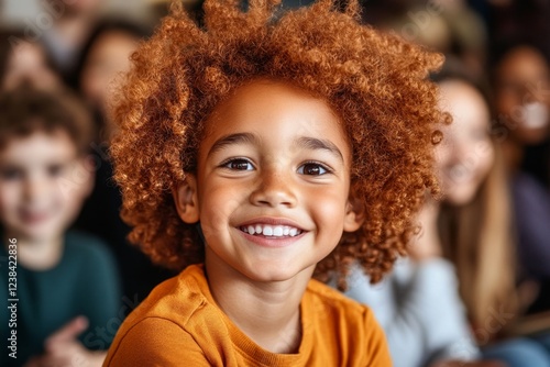 A young student participating fluently in a classroom debate, confidently speaking and gesturing while classmates listen attentively