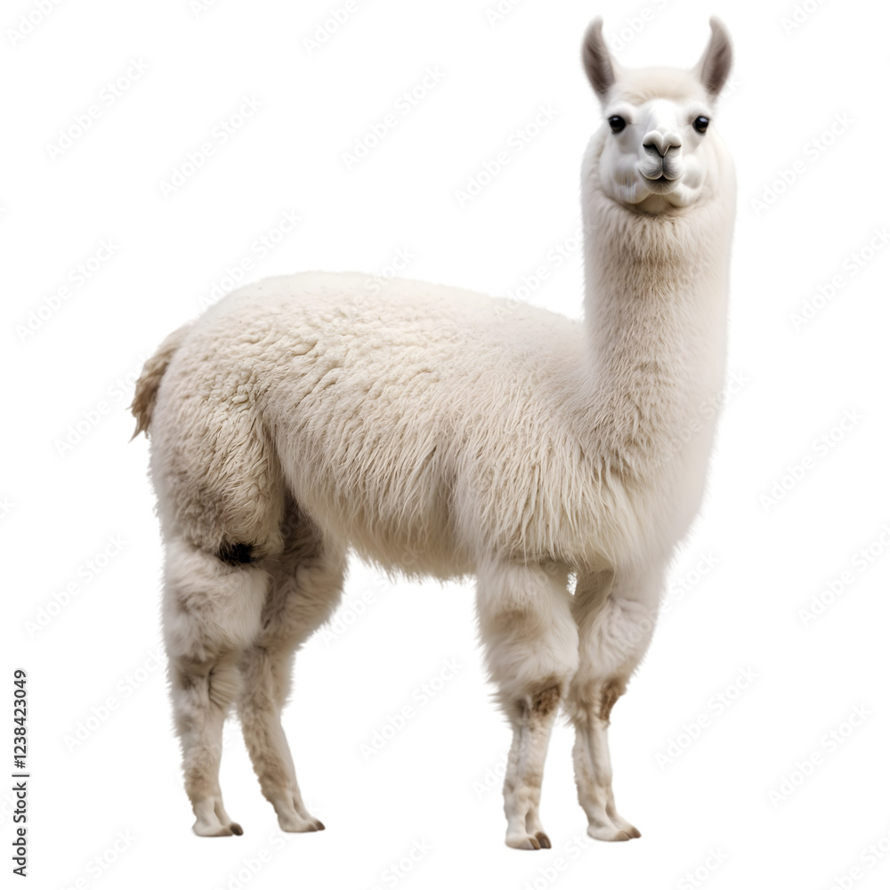 Obraz premium A fluffy white llama with a soft coat of wool, standing on a white background. Transparent background