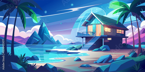 Serene beach scene with a small house under the moonlight and palm trees.