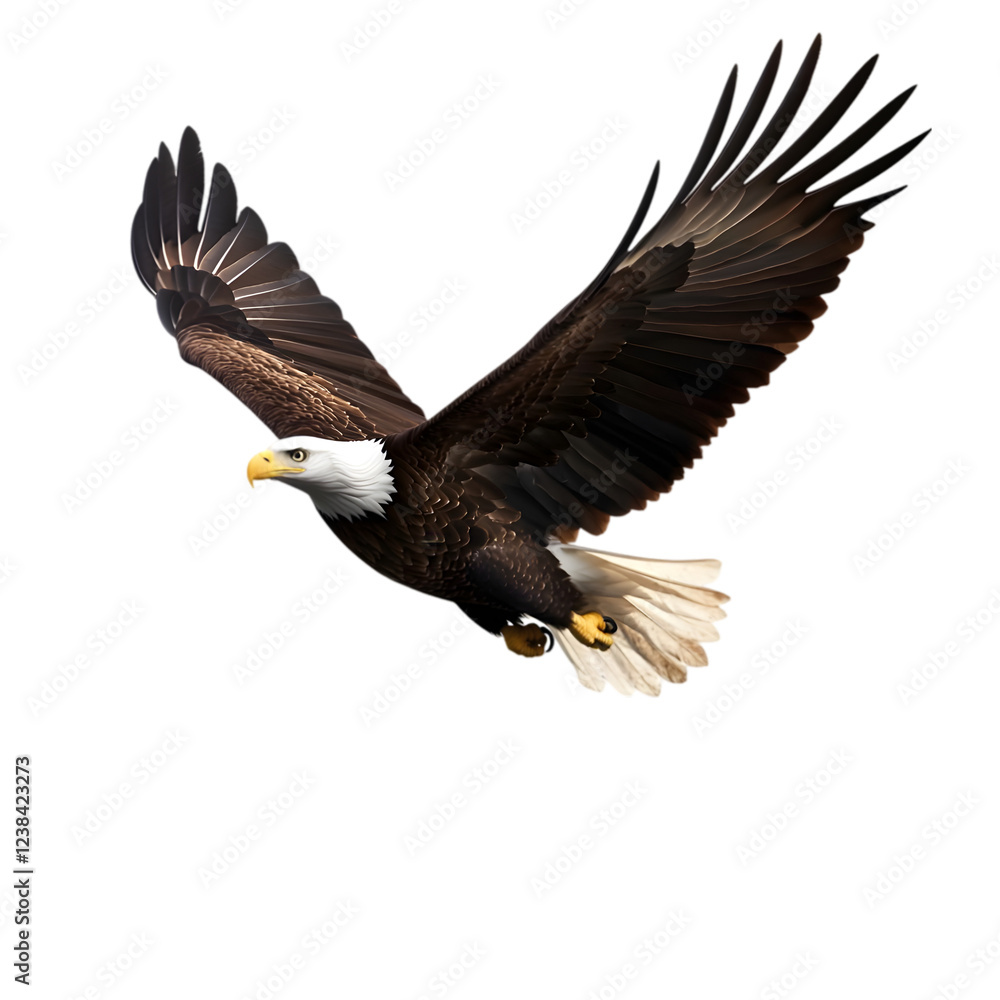Fototapeta premium A majestic bald eagle soaring with its wings outstretched. Transparent background