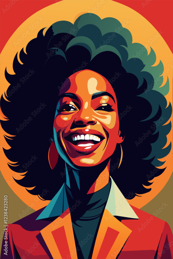 Bright and joyful woman with afro hairstyle in vibrant dress. Bright and joyful woman with afro hairstyle in vibrant dress.