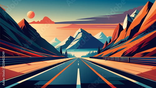 A serene landscape featuring a winding road through mountains at sunset
