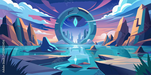 Enchanting Crystal Landscape with Futuristic Gateway.