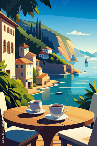Serene Coastal Village Scene with Coffee Cups on a Balcony Overlooking the Sea.