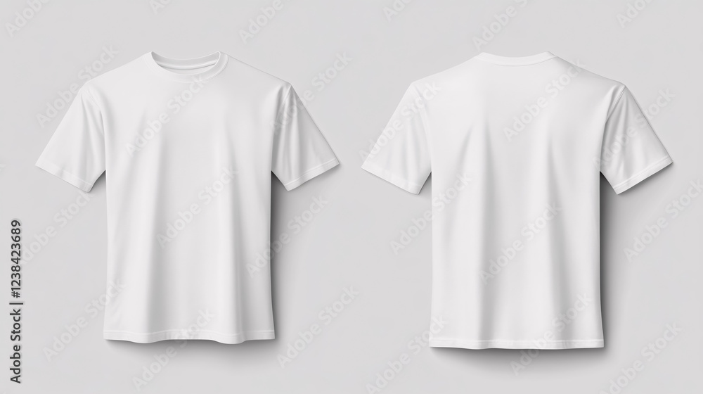 A mockup template featuring a white T-shirt design for printing on both the front and back. A mockup template featuring a white T-shirt design for printing on both the front and back.