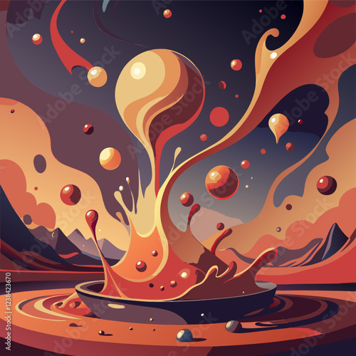 Energetic Lava Splash with Red and Yellow Bubbles in Chaotic Flow.