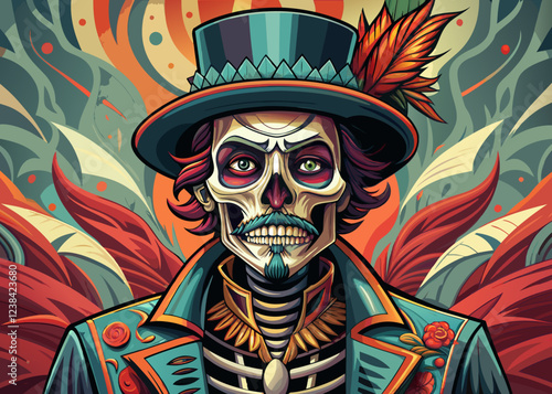 Mysterious skeleton character in a top hat with feathers and colorful attire.