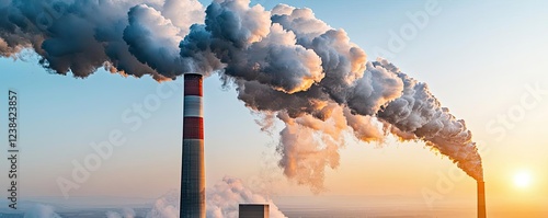 Global warming climate change concept. Pollution from industrial smokestacks against a vibrant sunset sky. photo