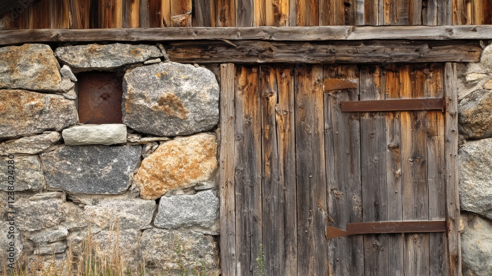 Rustic Wooden Door and Stone Wall of an Old Barn Rustic Wooden Door and Stone Wall of an Old Barn
