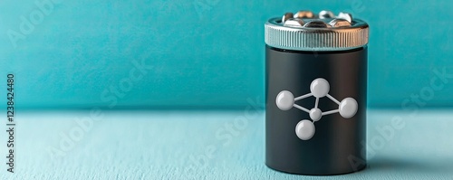 A black canister with a silver lid features a molecular structure design against a teal background, suggesting a scientific theme. photo