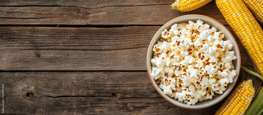 Delicious Popcorn and Corn on Rustic Wooden Background Delicious Popcorn and Corn on Rustic Wooden Background