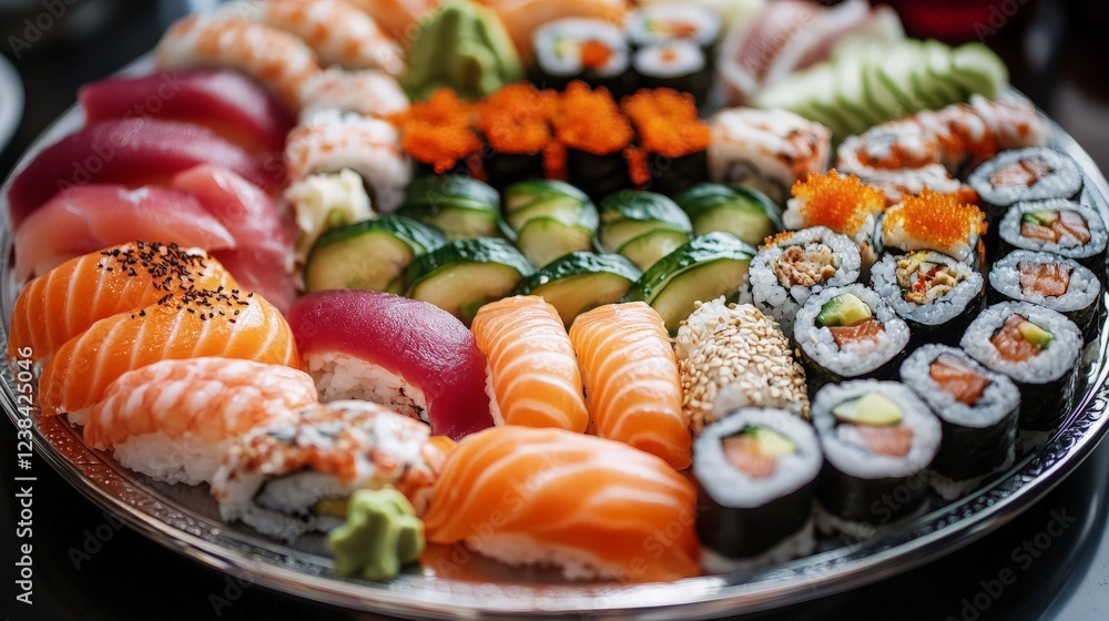 A sushi platter with an assortment of rolls being served to a table, showcasing a colorful display of fresh fish, vegetables, and sushi rice, placed in the center of a dining table. A sushi platter with an assortment of rolls being served to a table, showcasing a colorful display of fresh fish, vegetables, and sushi rice, placed in the center of a dining table.