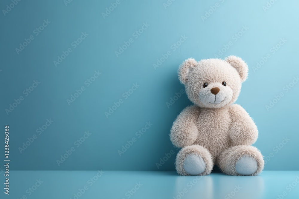A Fluffy Teddy Bear Sits On A Light Blue Floor Against A Matching Wall. A Fluffy Teddy Bear Sits On A Light Blue Floor Against A Matching Wall.